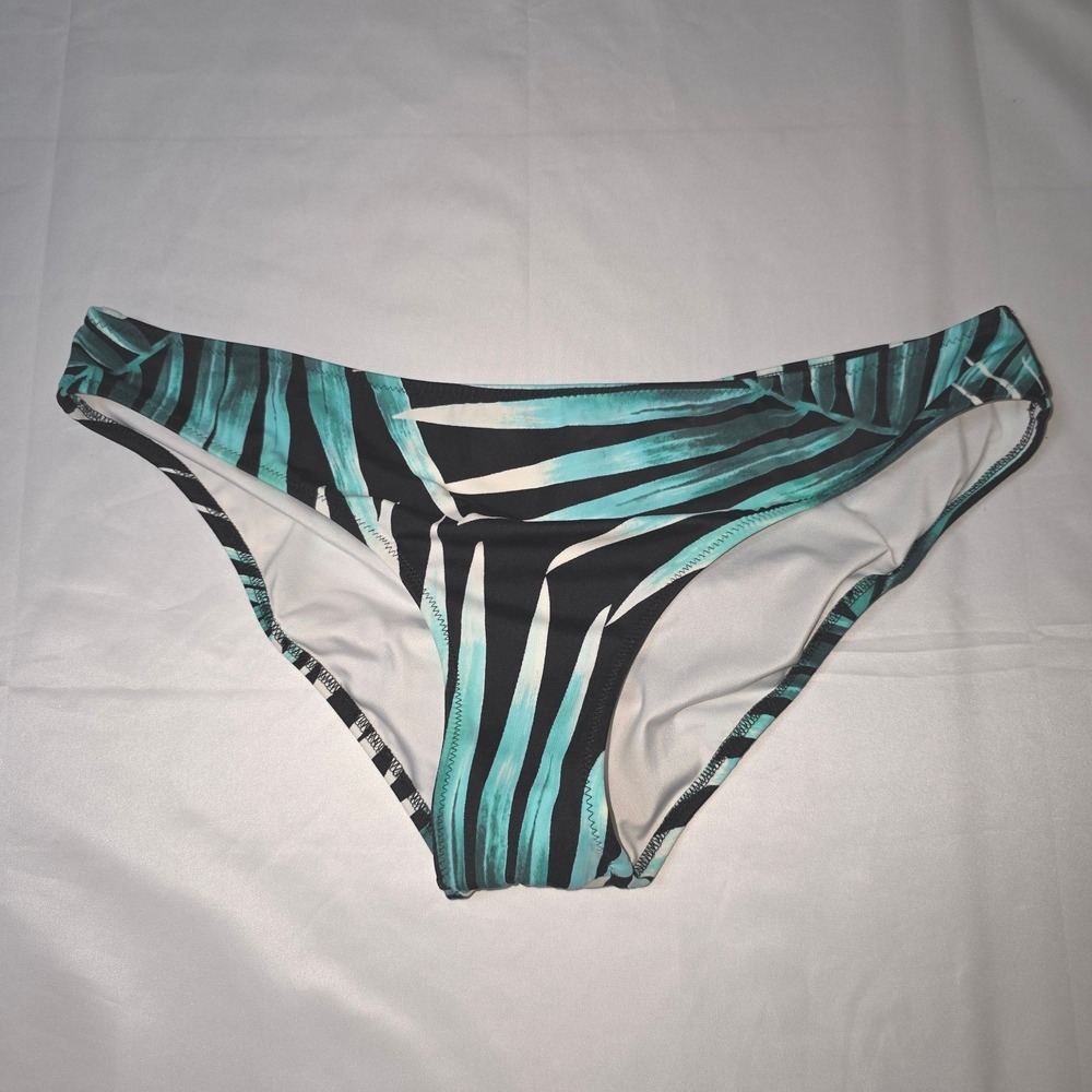 PINK Victoria's Secret Teal Black Tropical Palm Ruched Mini Bikini Bottoms L